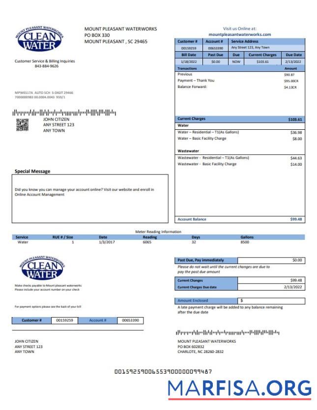 Printable USA Clean Water utility bill template in Word and PDF format